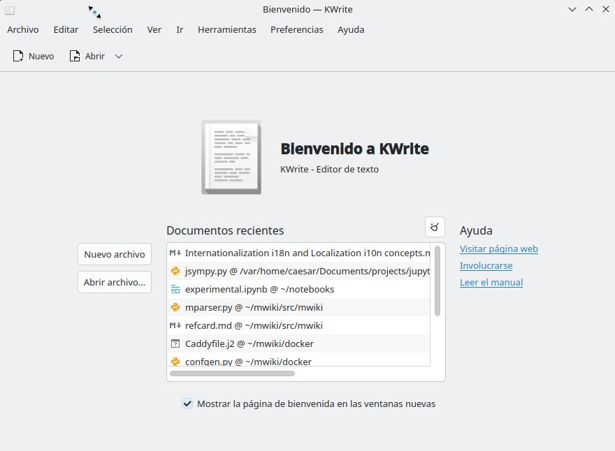 KWrite started with es_ES Spanish locale for Spain