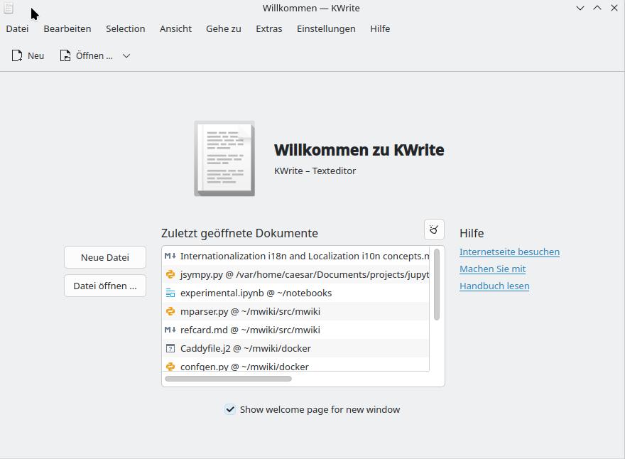 KWrite started with de_DE German locale for Switzerland